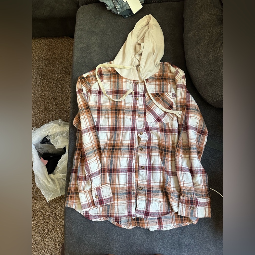 SHEIN Cream, Brown & Burgundy Plaid Hooded Button-Down Shirt